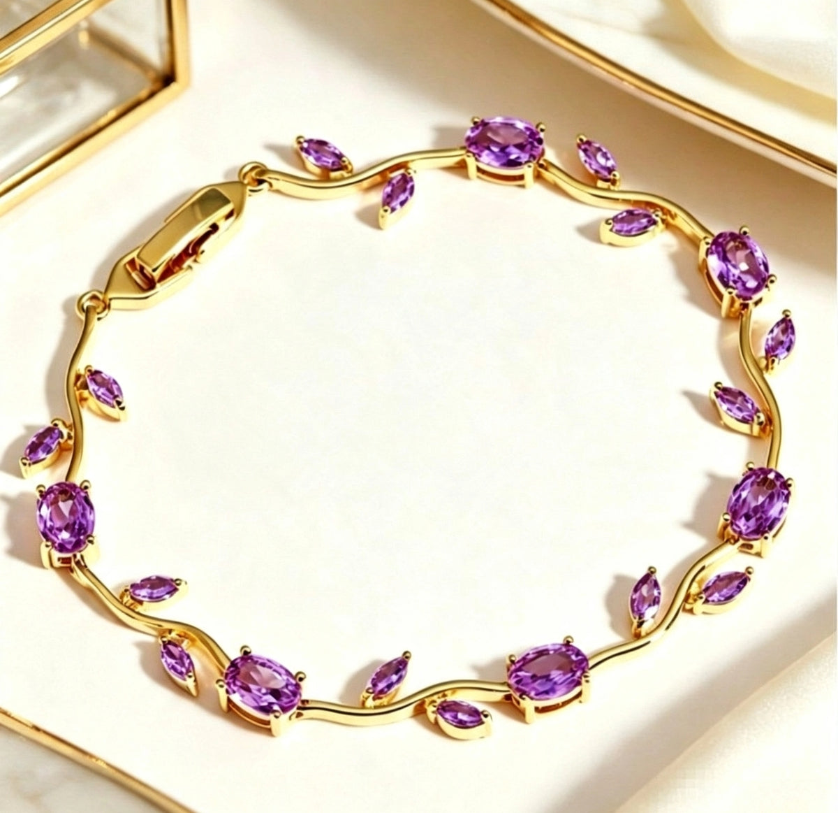 Bracciale placcato oro con foglie e zirconi, cristalli ovali multicolor