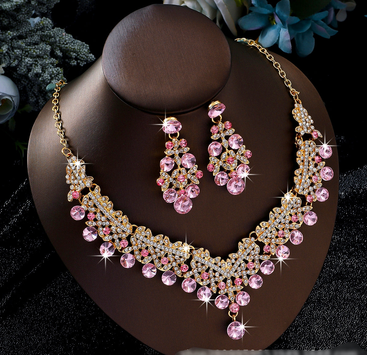 Set gioielli 2 pezzi zircone cubico AAA e cristalli scintillanti, collana appariscente e orecchini pendenti per matrimoni, cerimonie e serate formali, 4 varianti di colore per donna