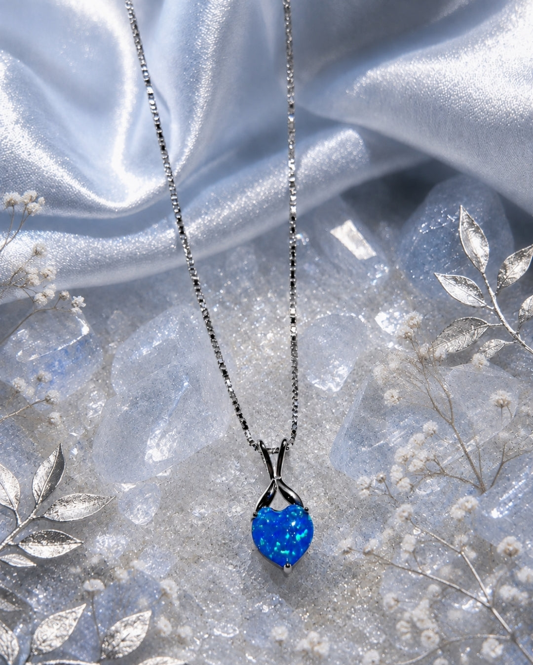 collana placcato in oro bianco 18K con opale a forma di cuore