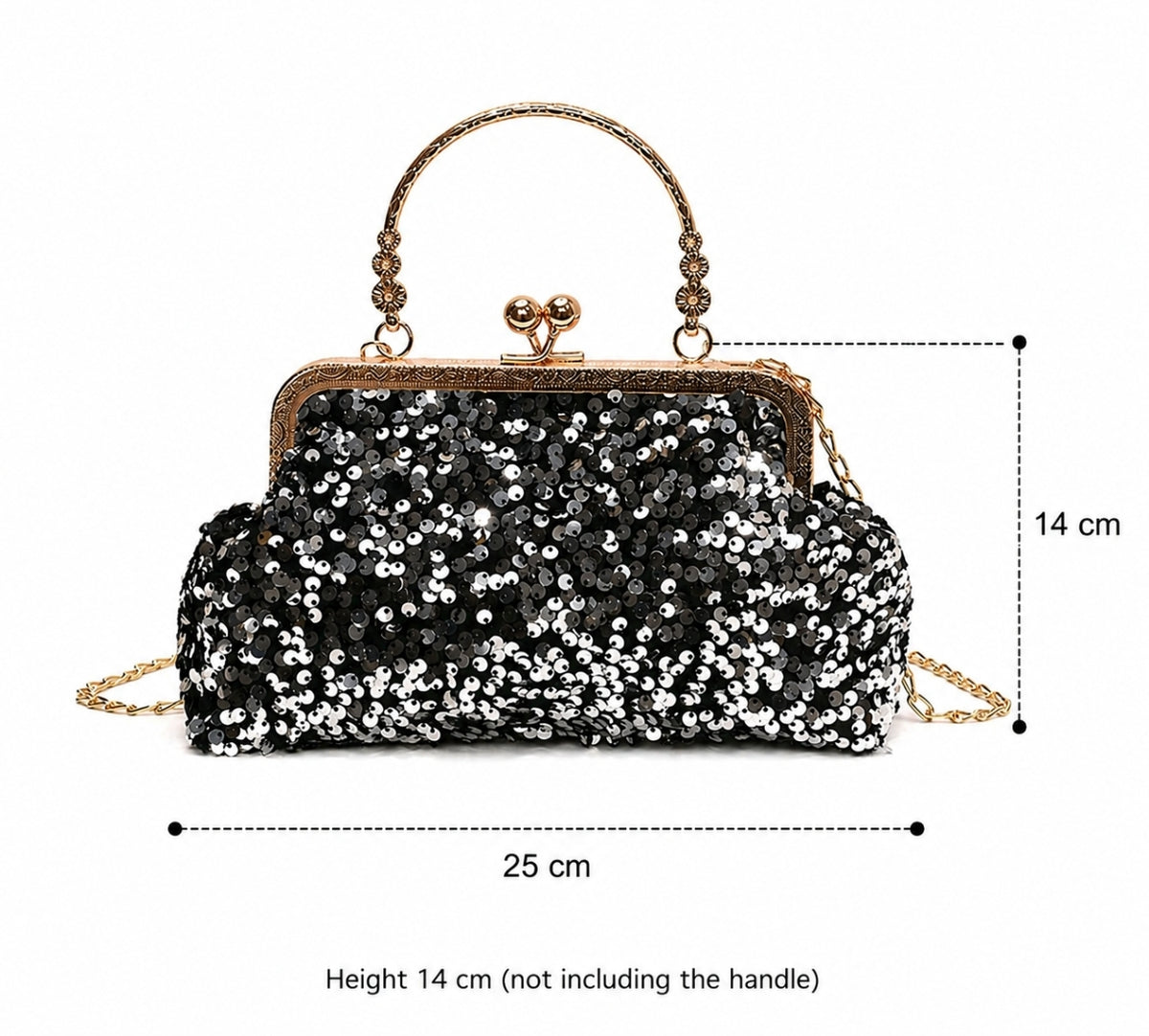 Pochette da sera ricoperta di paillettes brillanti con manico dorato
