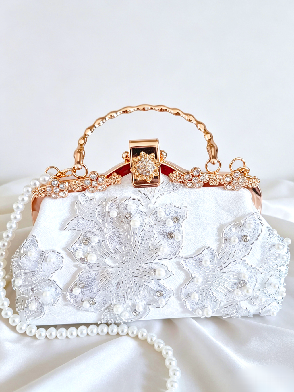 Pochette da Sera Ricamata a Mano Perla Strass Pizzo Bianco Tracolla Oro
