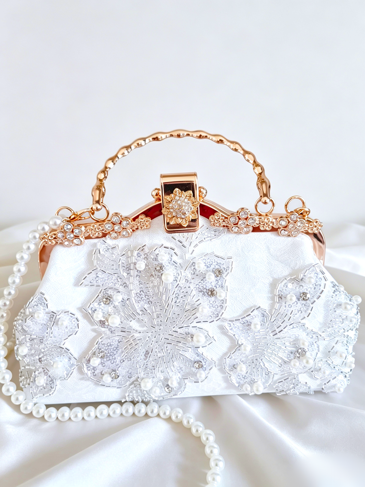 Pochette da Sera Ricamata a Mano Perla Strass Pizzo Bianco Tracolla Oro
