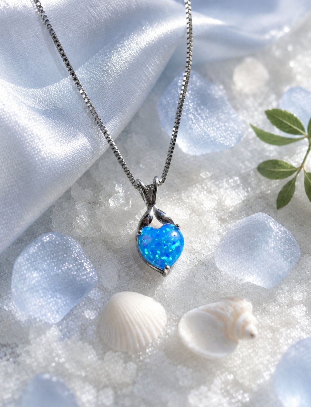 collana placcato in oro bianco 18K con opale a forma di cuore