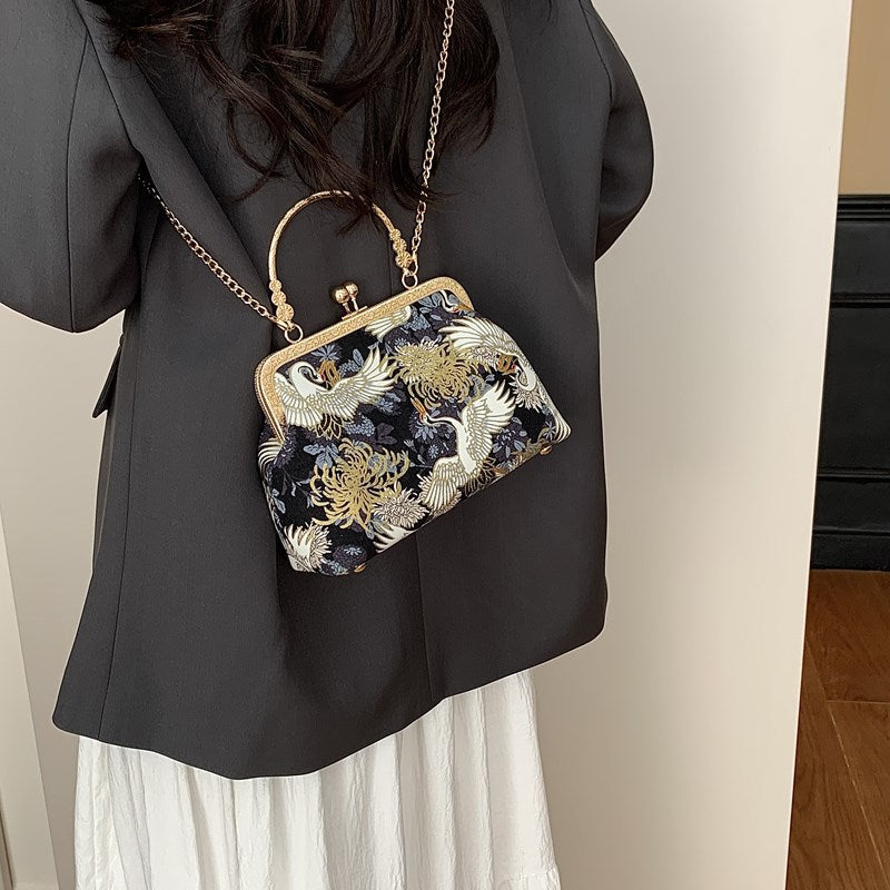 Pochette da sera in broccato di seta con gru e fiori, borsa a mano con chiusura