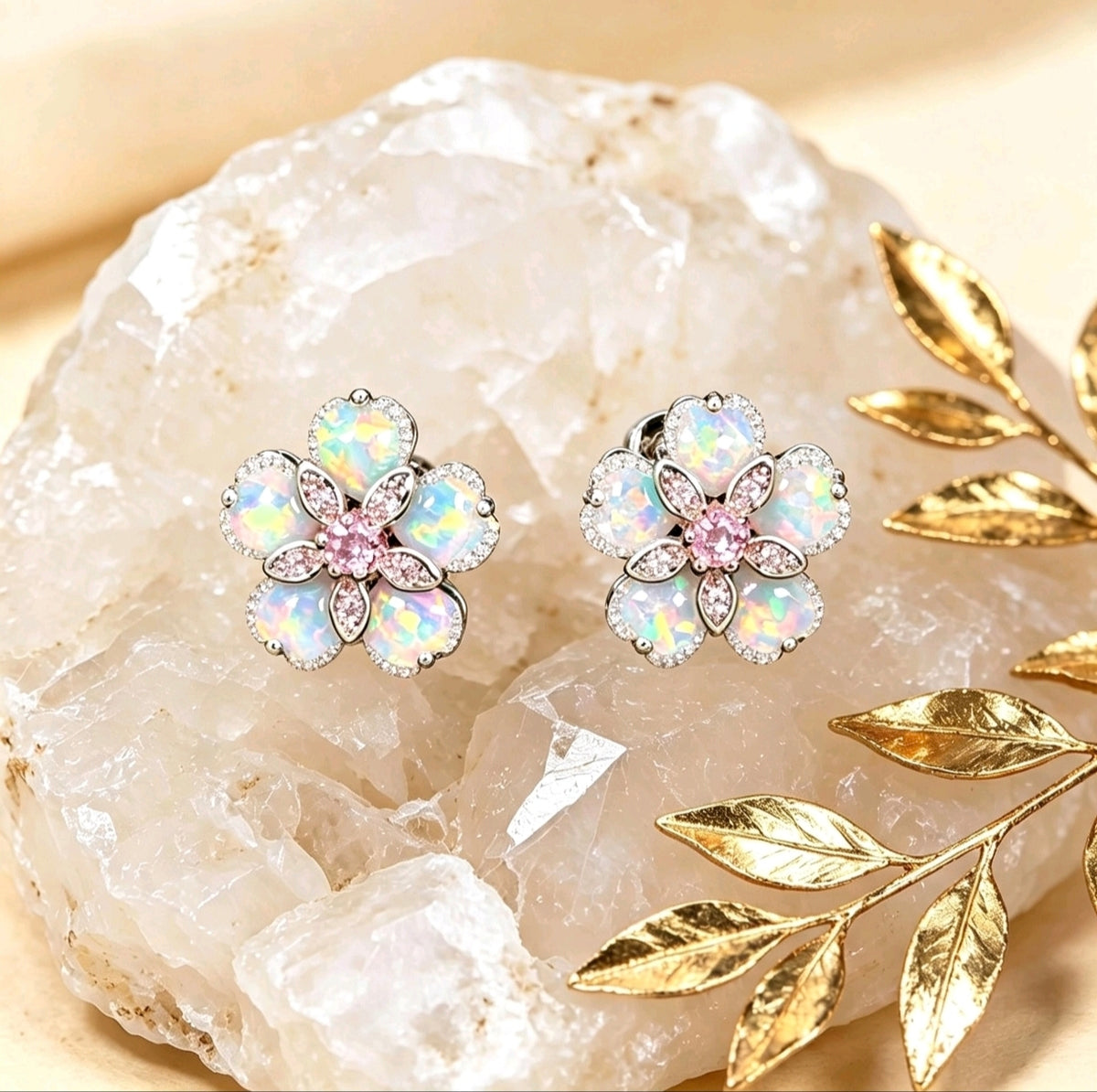 Orecchini a fiore con opale, orecchini floreali opale bianco con zirconi, orecchini argento per donna