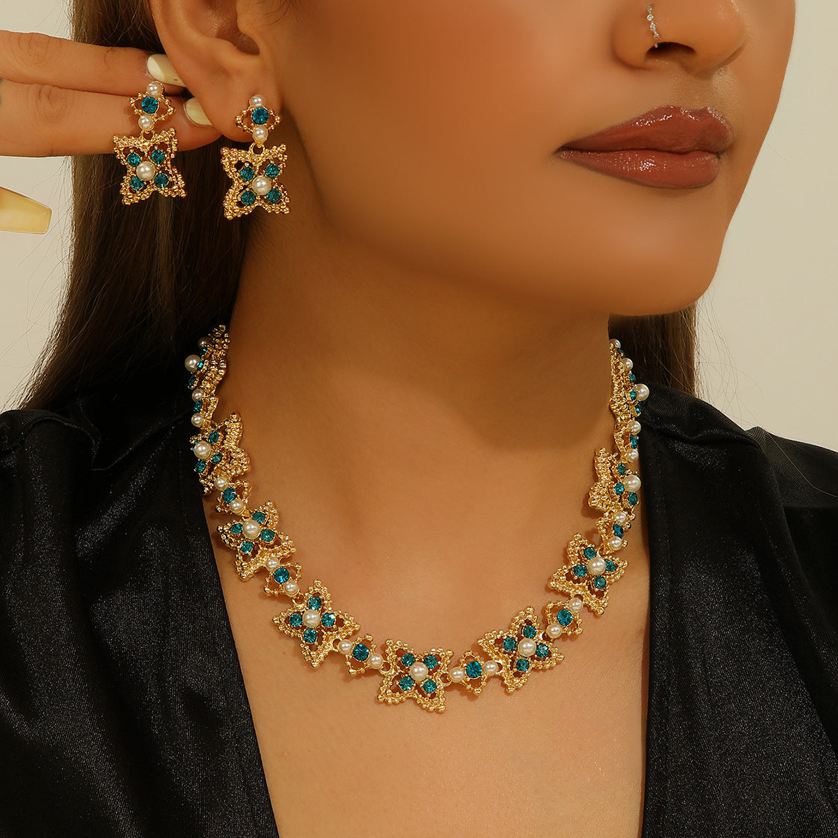 set di perle e diamanti floreali stile vintage 2 pezzi