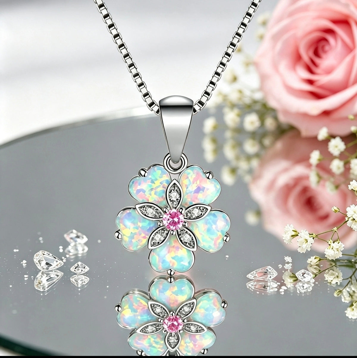 Collana floreale delicata in opale, ciondolo iridescente placcato argento