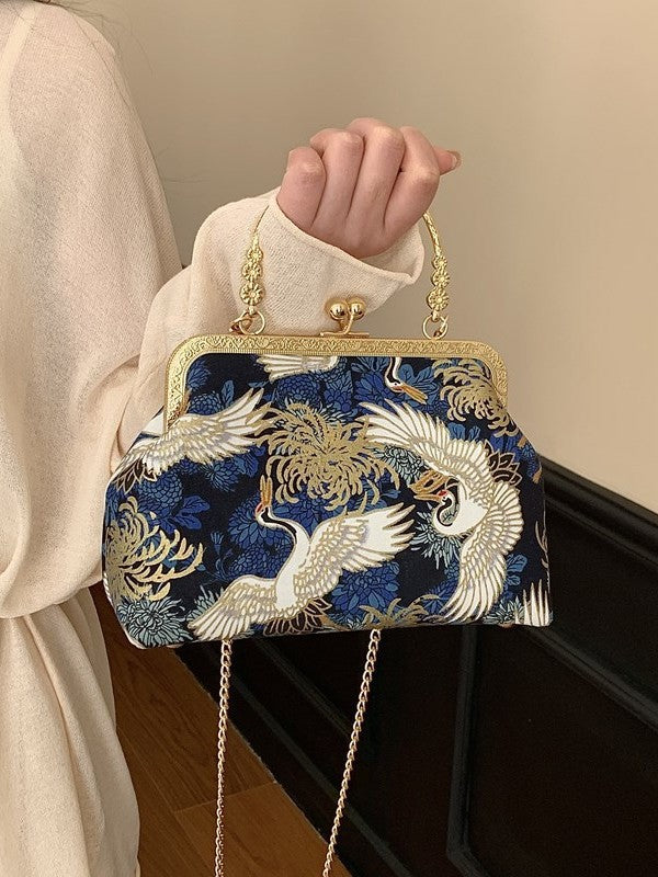 Pochette da sera in broccato di seta con gru e fiori, borsa a mano con chiusura