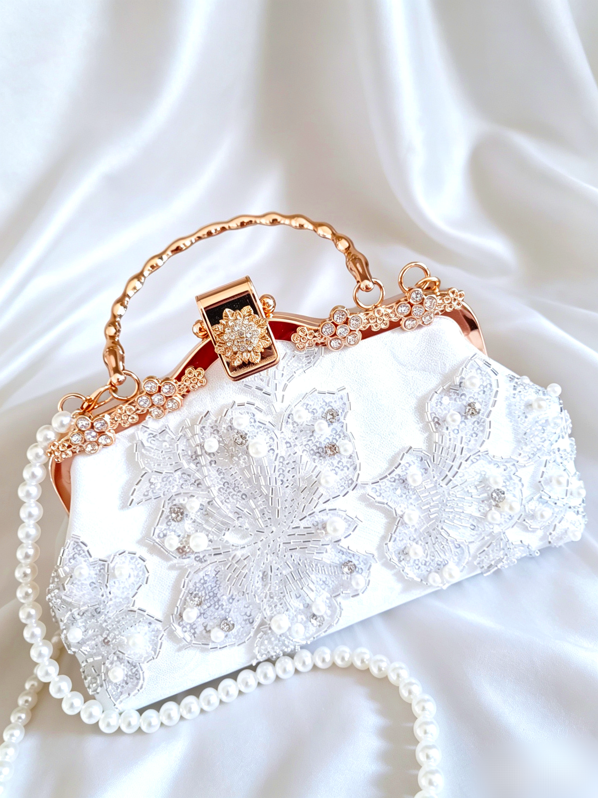 Pochette da Sera Ricamata a Mano Perla Strass Pizzo Bianco Tracolla Oro