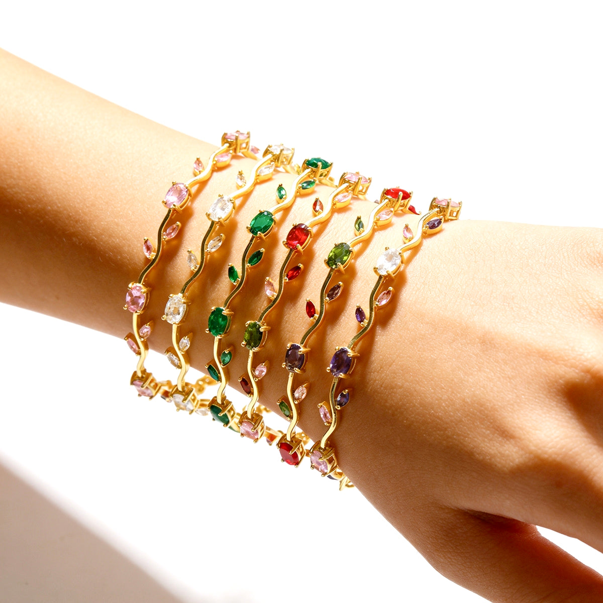 Bracciale placcato oro con foglie e zirconi, cristalli ovali multicolor