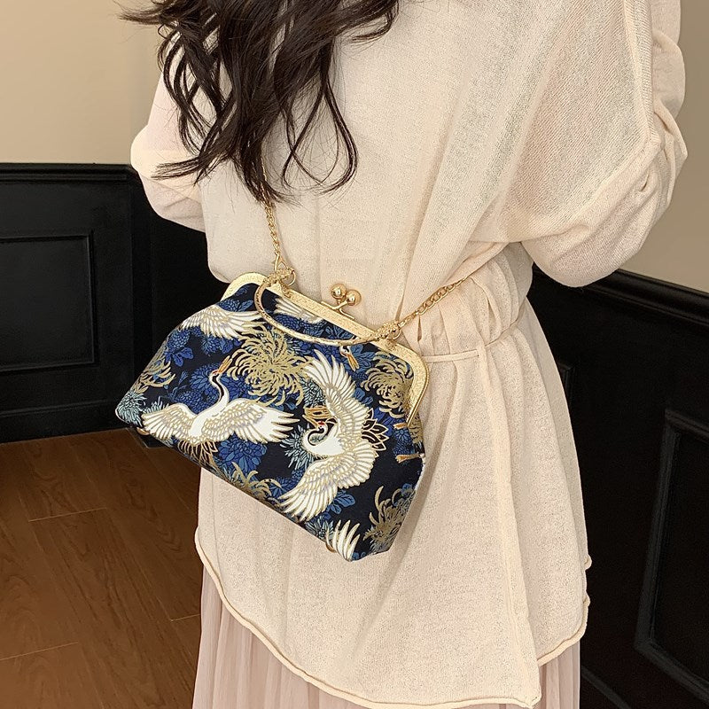 Pochette da sera in broccato di seta con gru e fiori, borsa a mano con chiusura