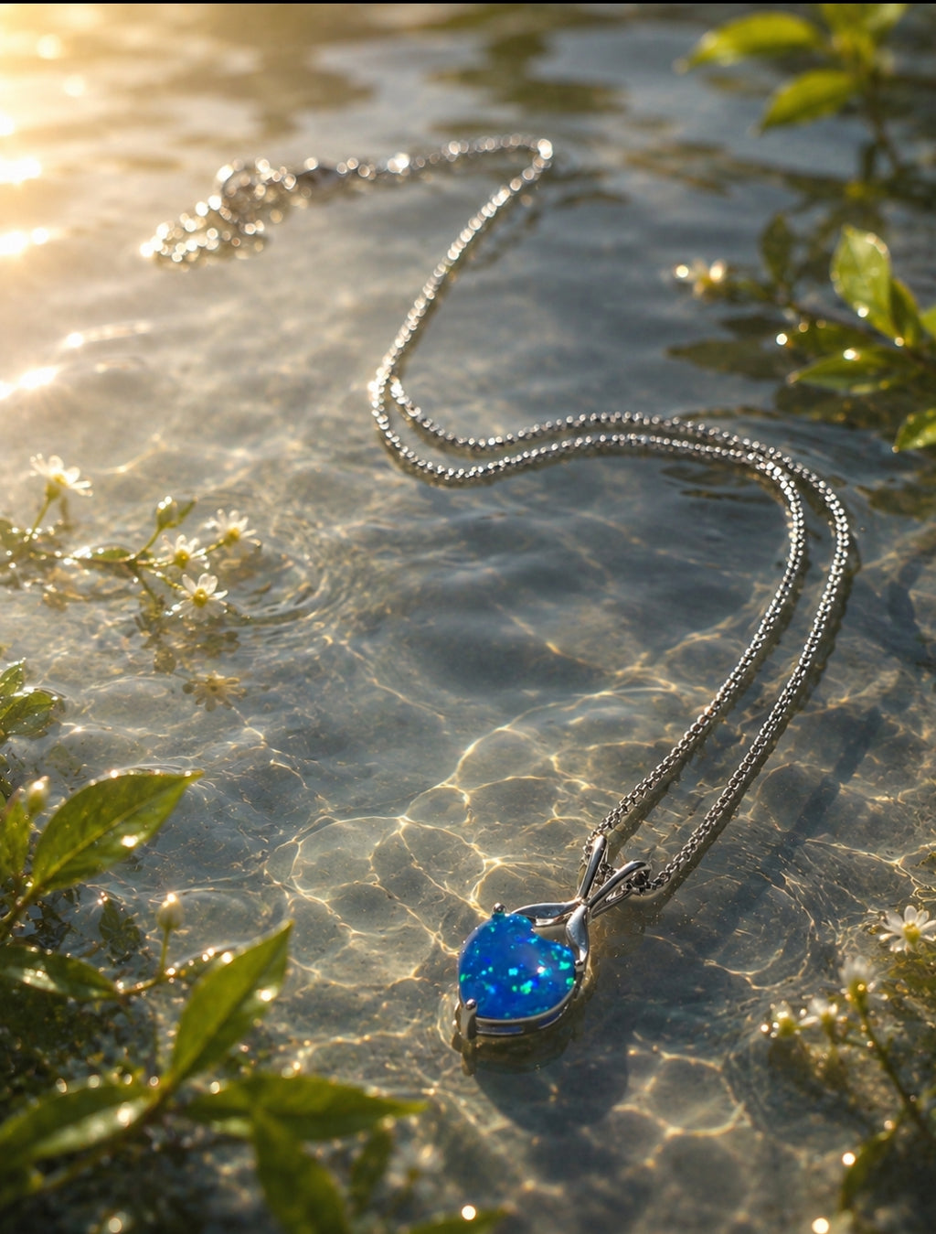 collana placcato in oro bianco 18K con opale a forma di cuore