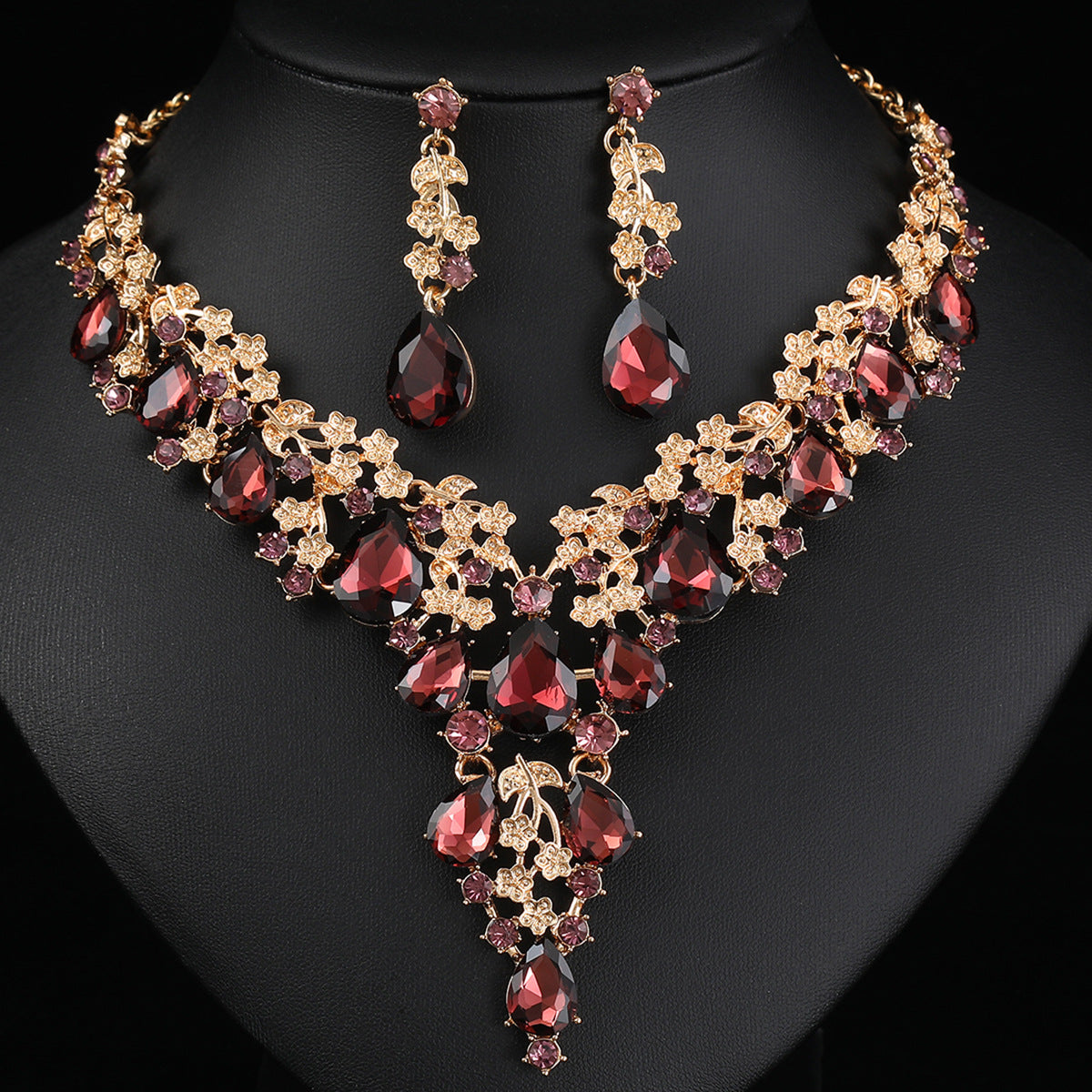 Set gioielli 2 pezzi zircone cubico AAA e cristalli, collana appariscente e orecchini pendenti per matrimoni e serate formali, 6 varianti di colore per donna