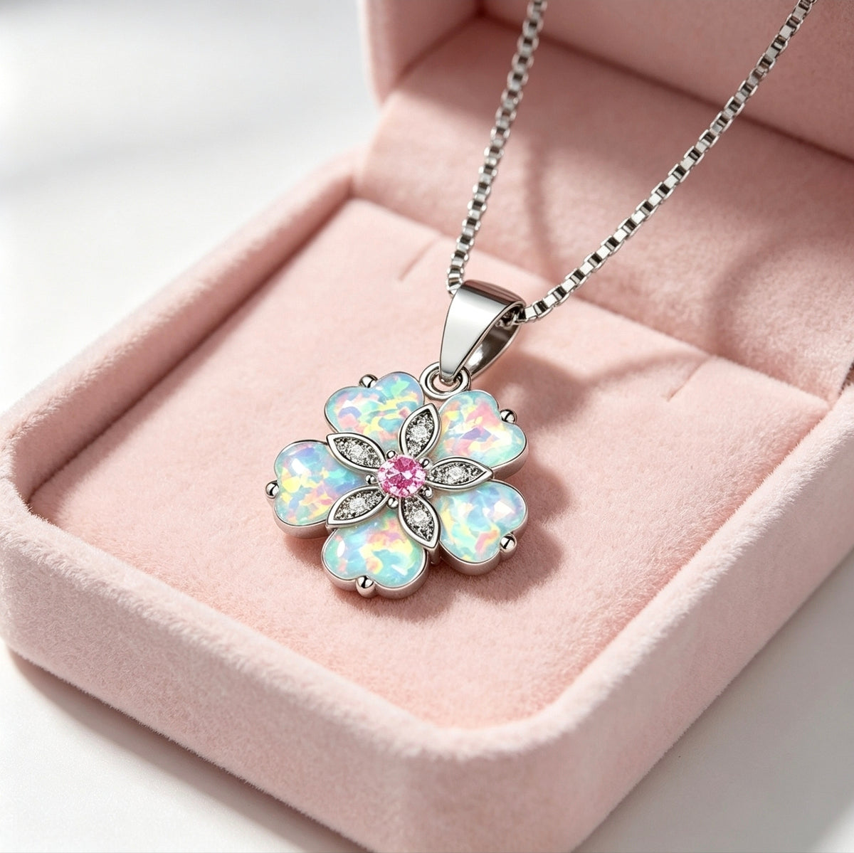 Collana floreale delicata in opale, ciondolo iridescente placcato argento