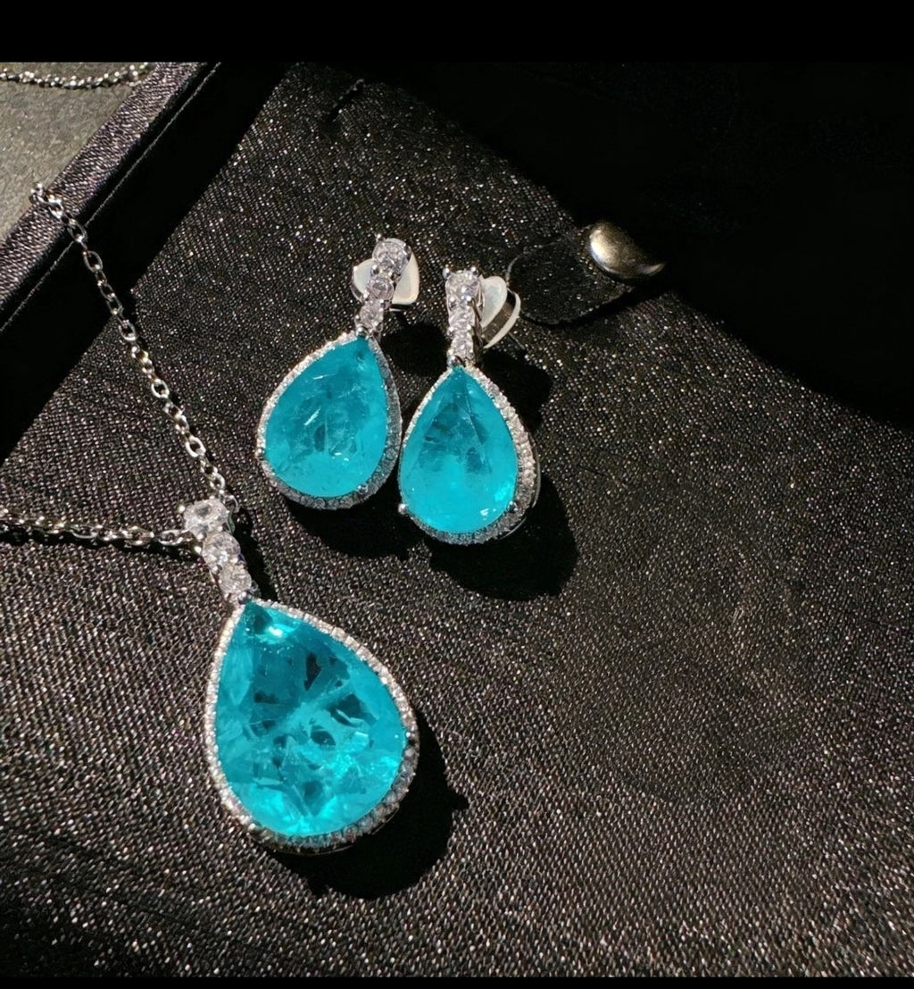 Set di collana e orecchini con zirconi stile Paraiba blu neon, placcato argento