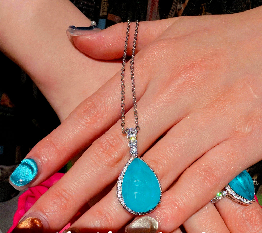 Set di collana e orecchini con zirconi stile Paraiba blu neon, placcato argento