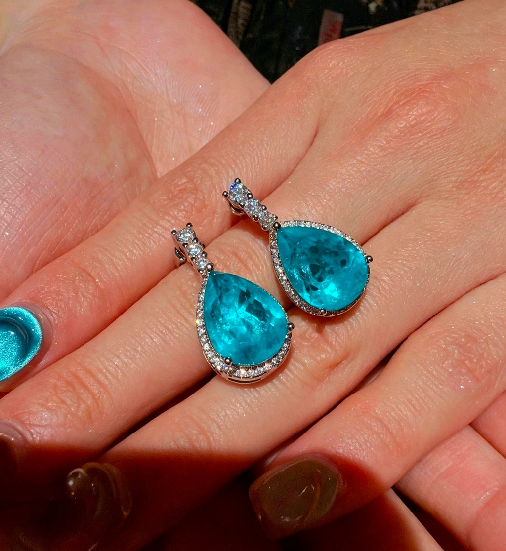 Set di collana e orecchini con zirconi stile Paraiba blu neon, placcato argento