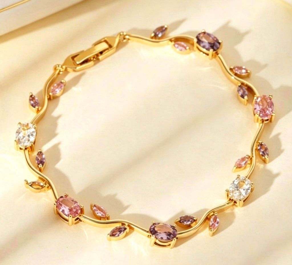 Bracciale placcato oro con foglie e zirconi, cristalli ovali multicolor