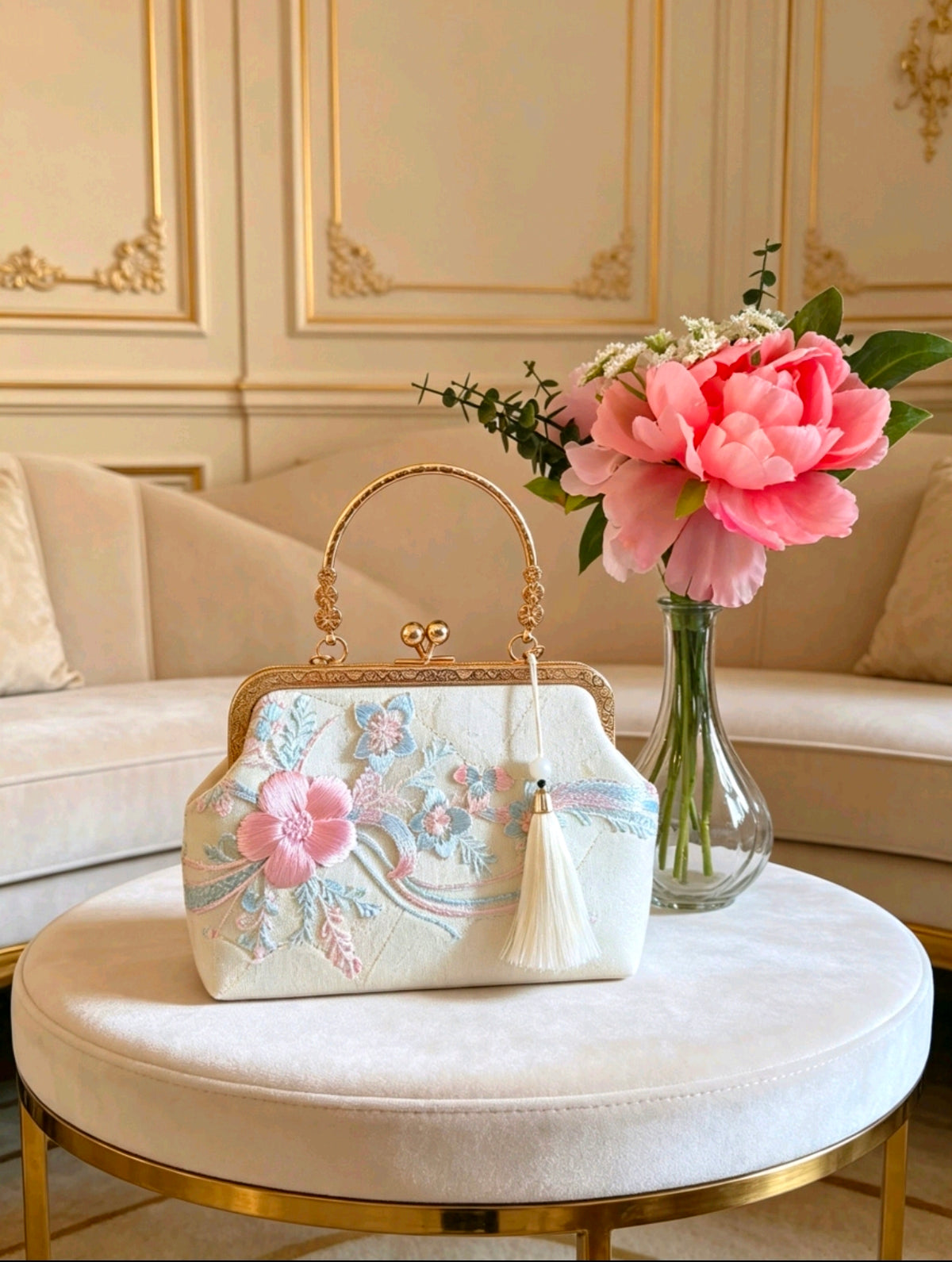 Bestickte Abendclutch im orientalischen Stil mit Perlen und Quasten