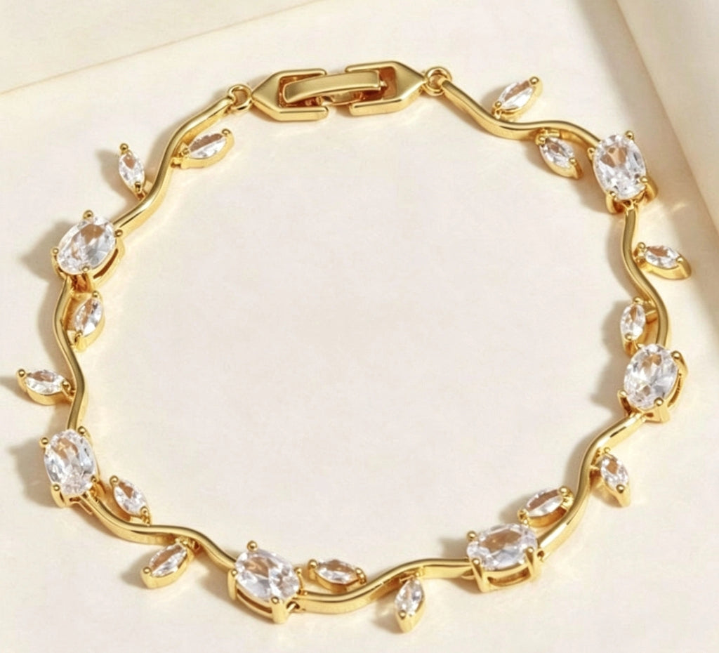 Bracciale placcato oro con foglie e zirconi, cristalli ovali multicolor