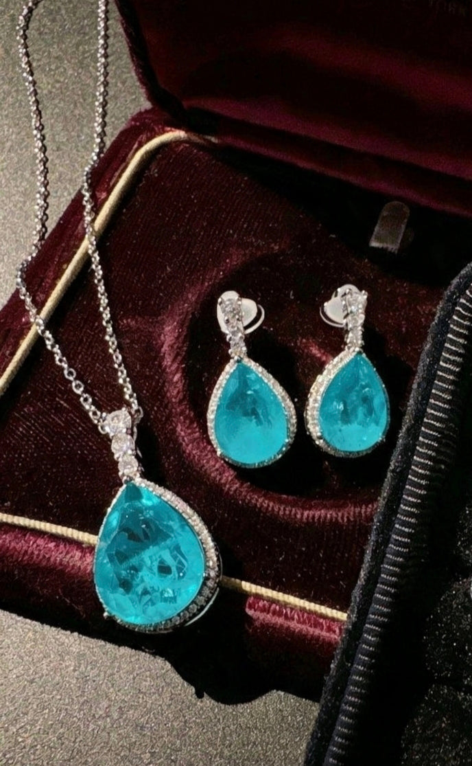 Set di collana e orecchini con zirconi stile Paraiba blu neon, placcato argento
