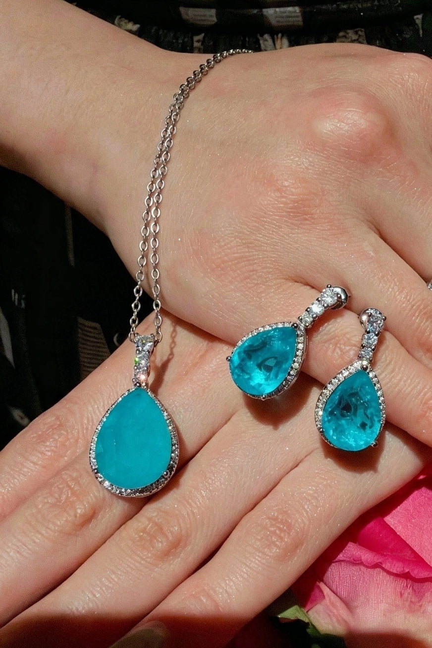 Set di collana e orecchini con zirconi stile Paraiba blu neon, placcato argento