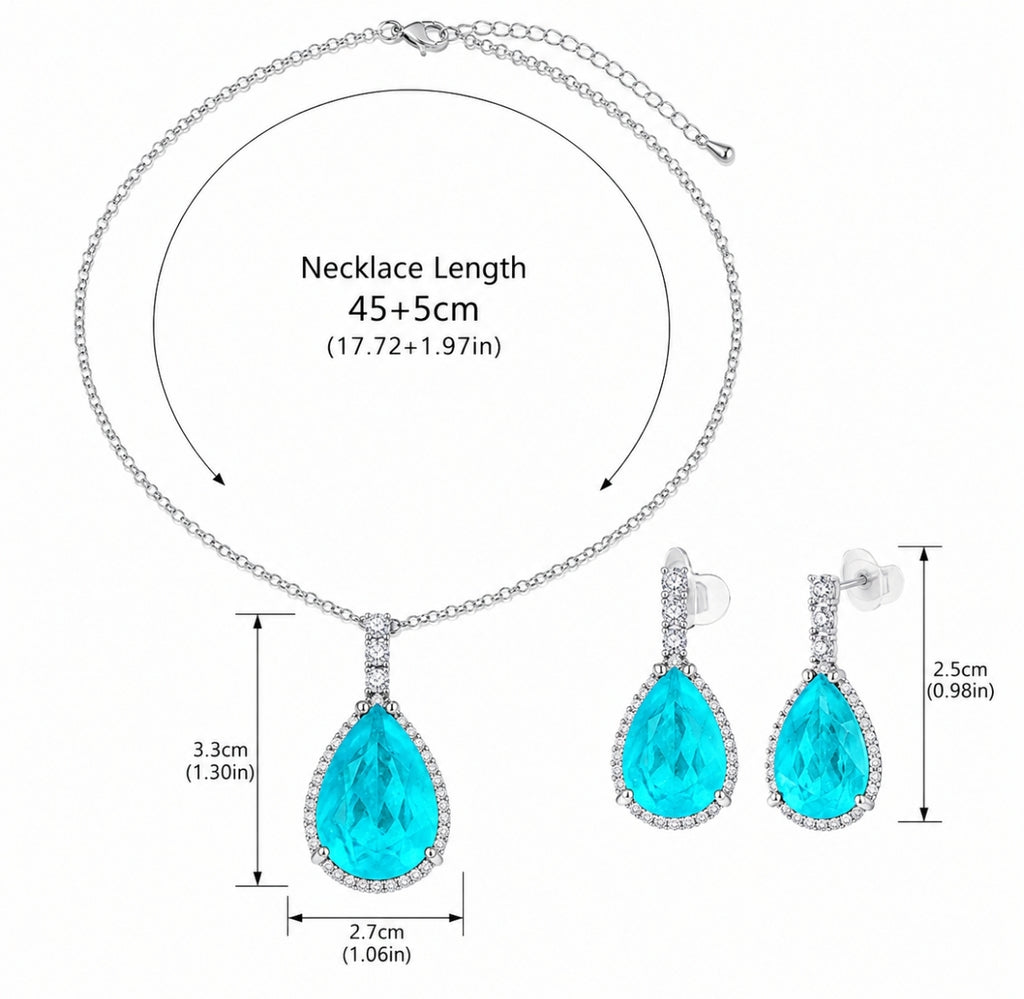 Set di collana e orecchini con zirconi stile Paraiba blu neon, placcato argento