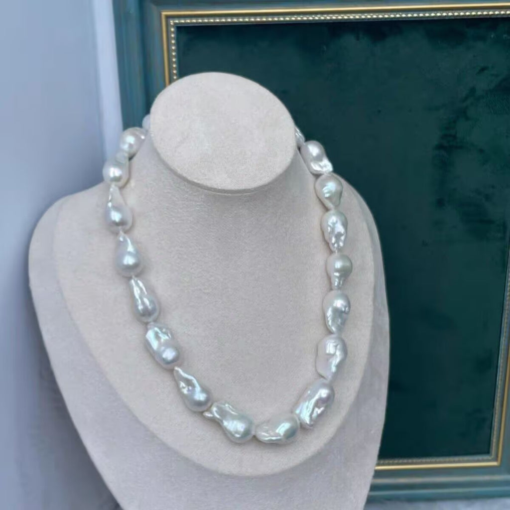 Large natural baroque pearl necklace 16-17mm with s925 sterling silver spring ring clasp, high luster irregular baroque freshwater pearl choker, handmade luxury vintage pearl necklace gift for women