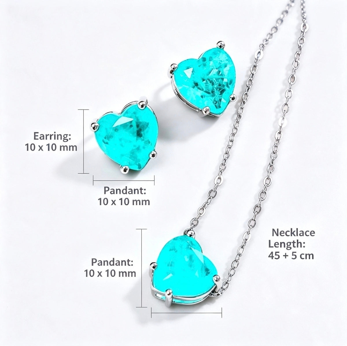 Set in acciaio con Pietra Paraiba forma Cuore(orecchini perno d'argento S925)