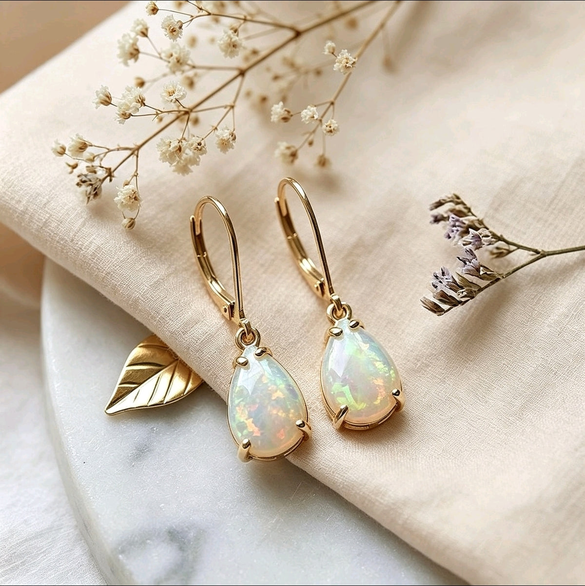 Ohrringe Tropfenform mit Opal und Zirkonia Silberstift Versilbert