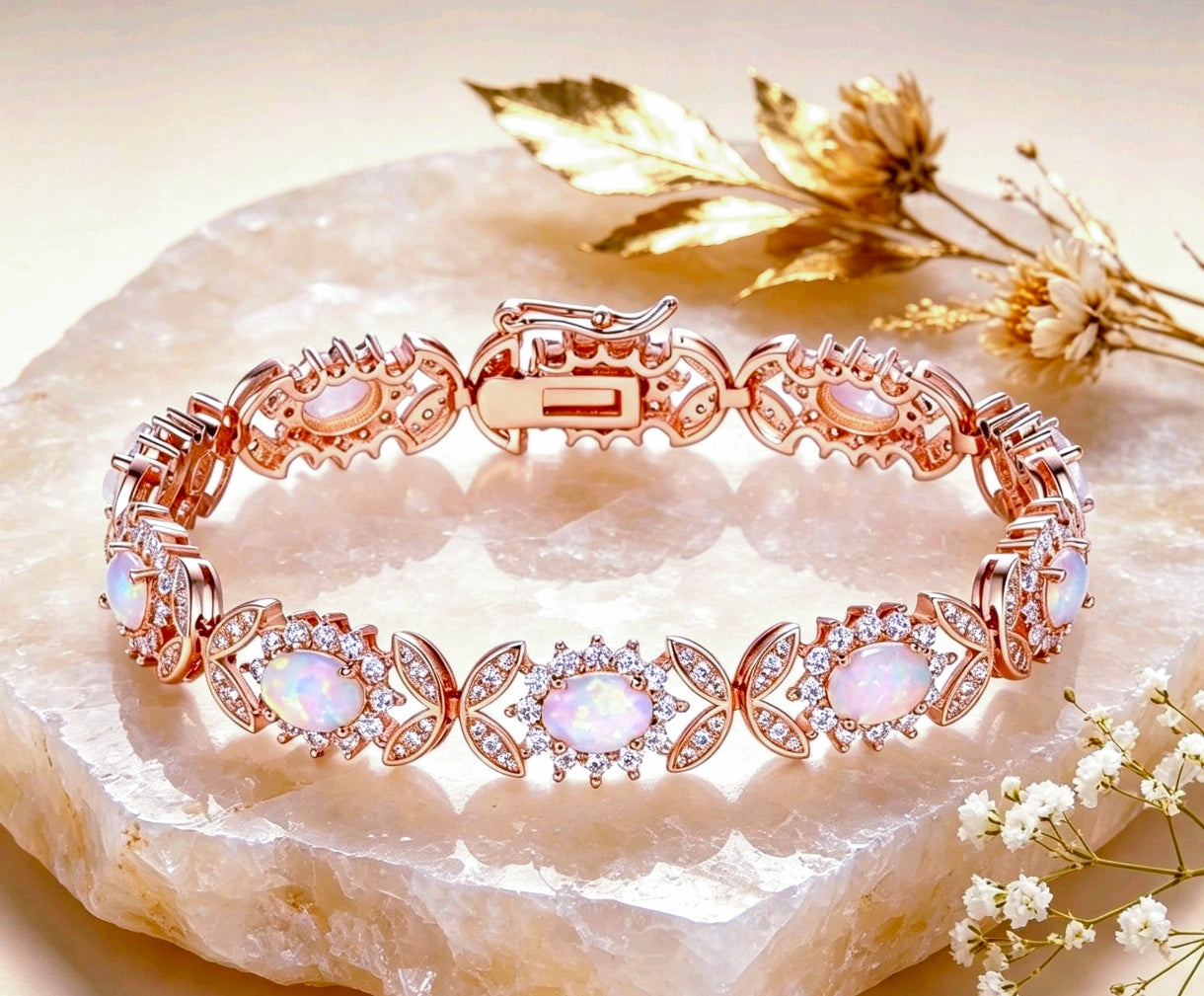 Bracciale in argento 925 con opale, bracciale a maglie floreali con zirconi