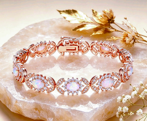Bracciale in argento 925 con opale, bracciale a maglie floreali con zirconi