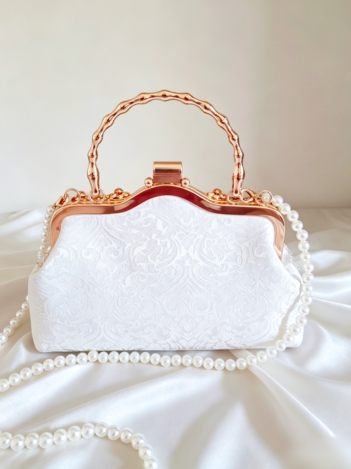 Pochette da Sera Ricamata a Mano Perla Strass Pizzo Bianco Tracolla Oro