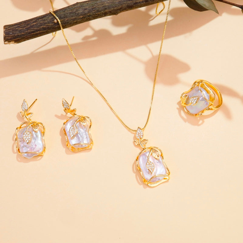 Set di Gioielli di perle barocche naturali 3 Pezzi, Placcato Oro 18K, Stile Francese