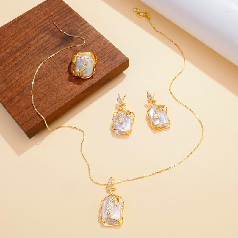Set di Gioielli di perle barocche naturali 3 Pezzi, Placcato Oro 18K, Stile Francese