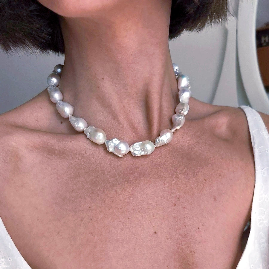 Collana perle barocche naturali d’acqua dolce, con chiusura argento sterling 925