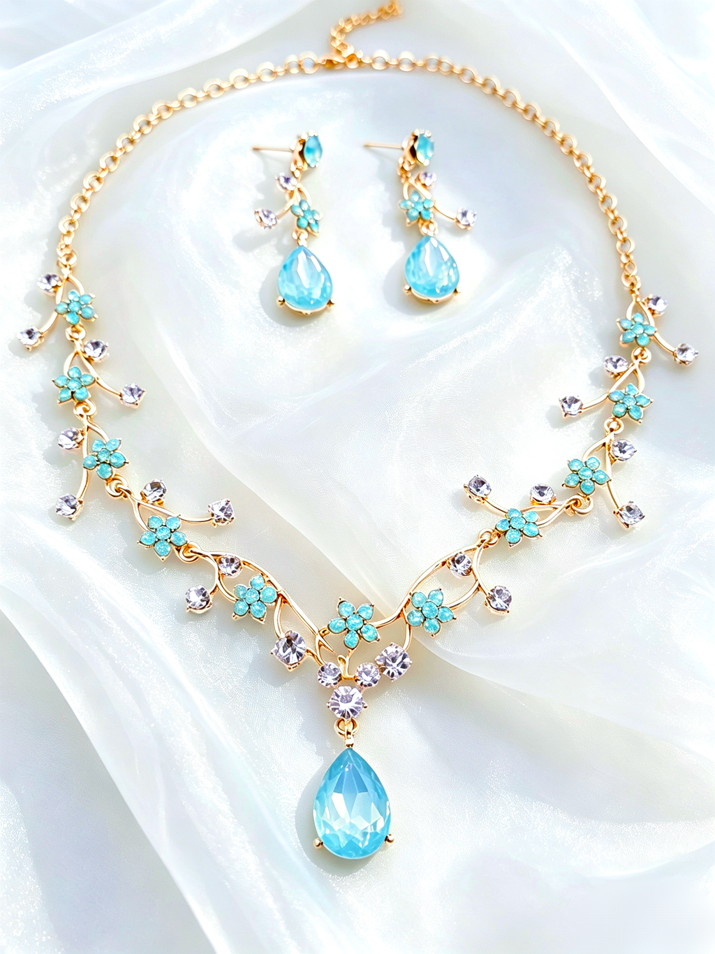 Set gioielli cristallo floreale smeraldo zaffiro, collana e orecchini x cerimoni