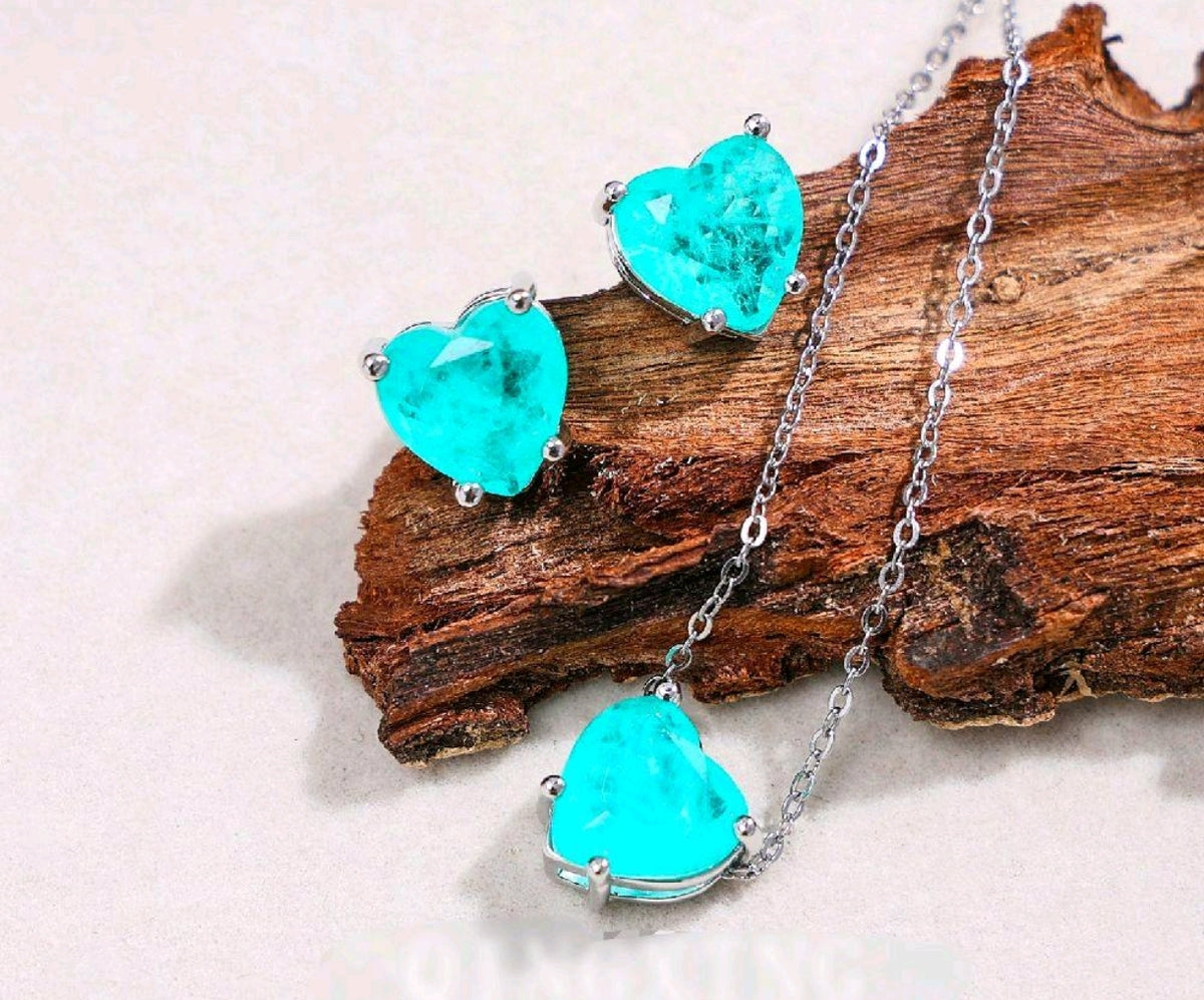 Set in acciaio con Pietra Paraiba forma Cuore(orecchini perno d'argento S925)
