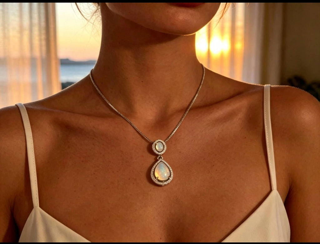 Collana con due opali forma goccia con placcatura in oro bianco 18K