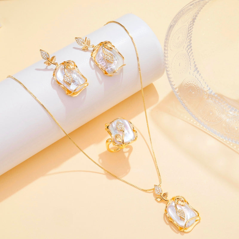 Set di Gioielli di perle barocche naturali 3 Pezzi, Placcato Oro 18K, Stile Francese