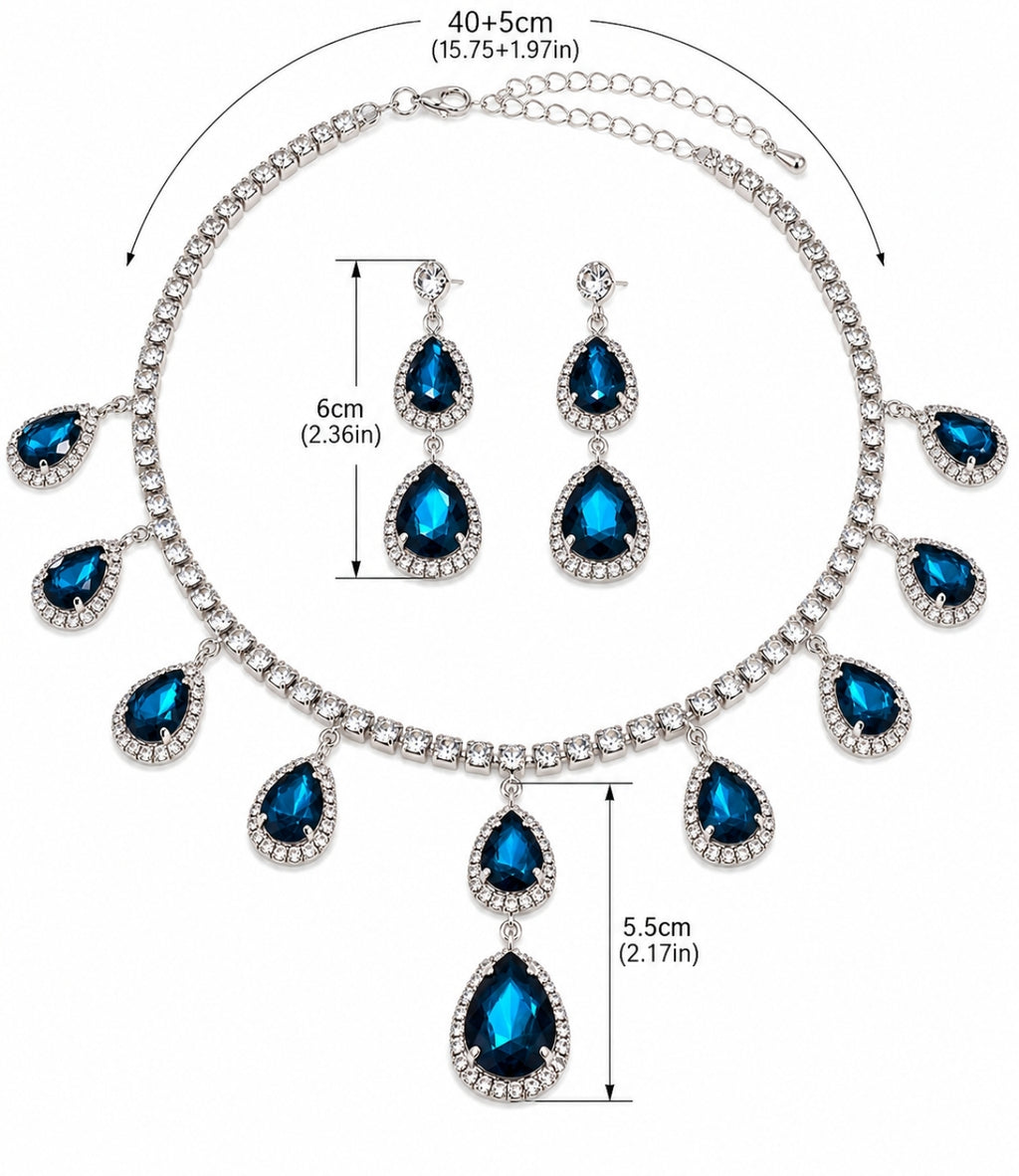 Set di gioielli con zirconi cubici a goccia blu zaffiro, collana e orecchini
