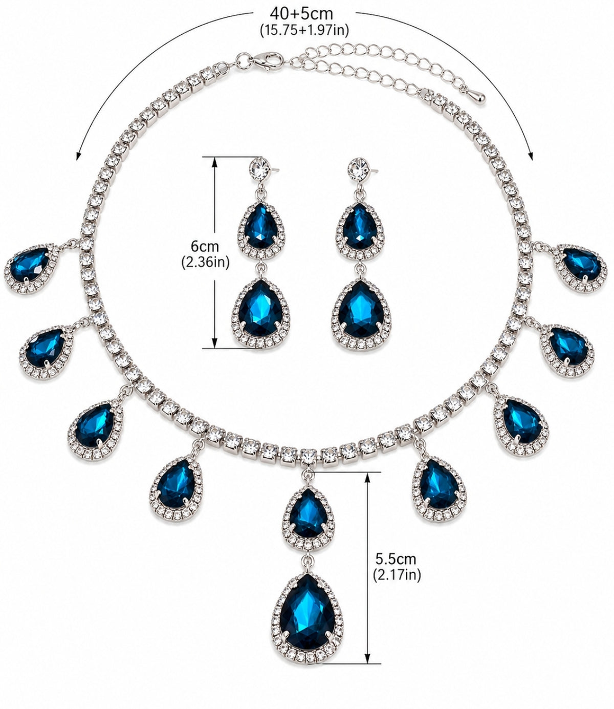 Set di gioielli con zirconi cubici a goccia blu zaffiro, collana e orecchini