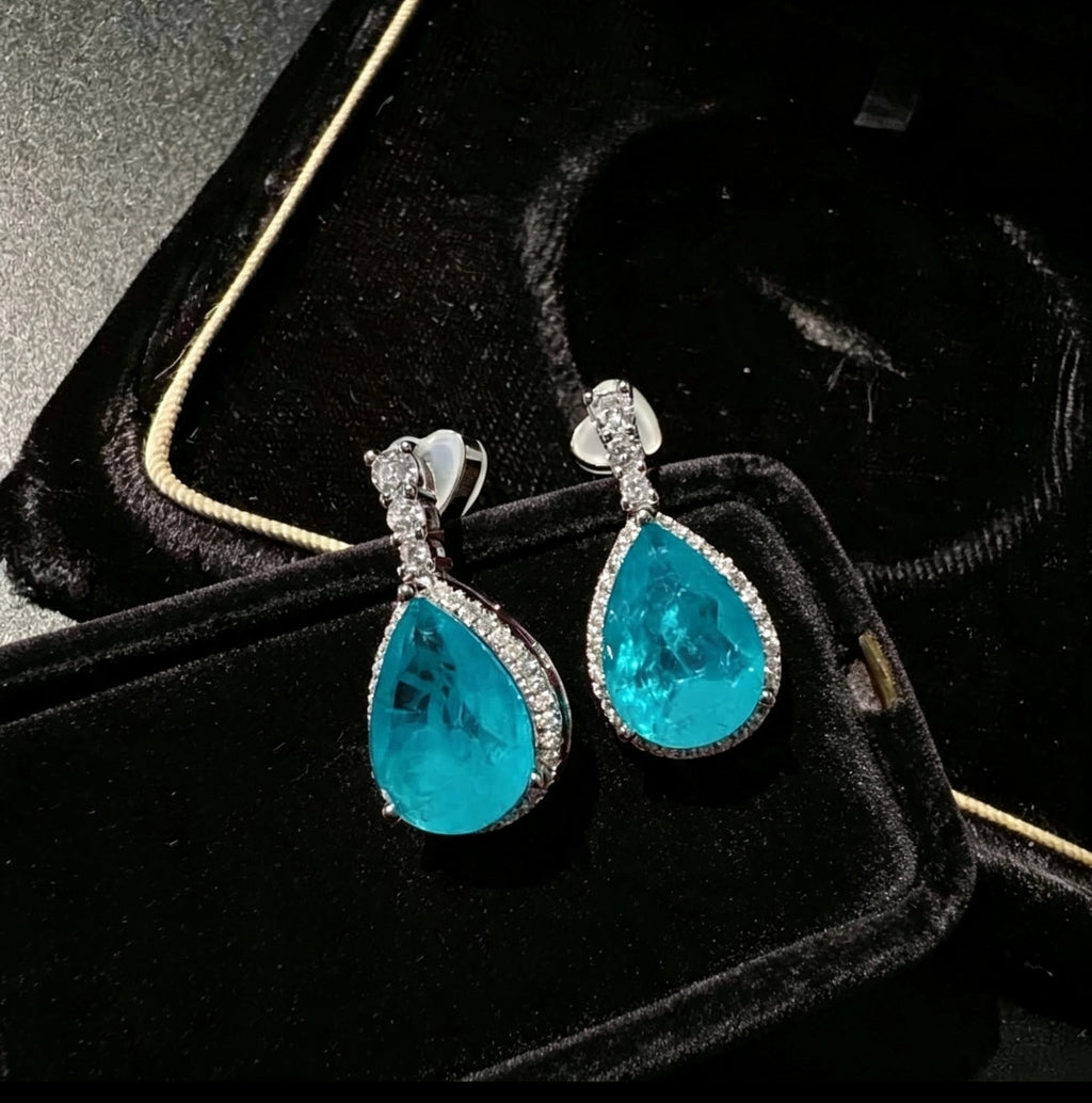 Set di collana e orecchini con zirconi stile Paraiba blu neon, placcato argento