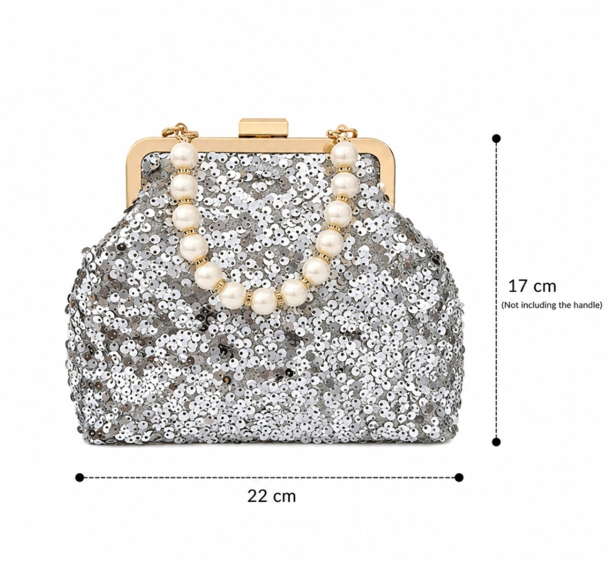 Pochette da Sera in Paillettes Argentate con Maniglia in Perle e Catena Staccabi