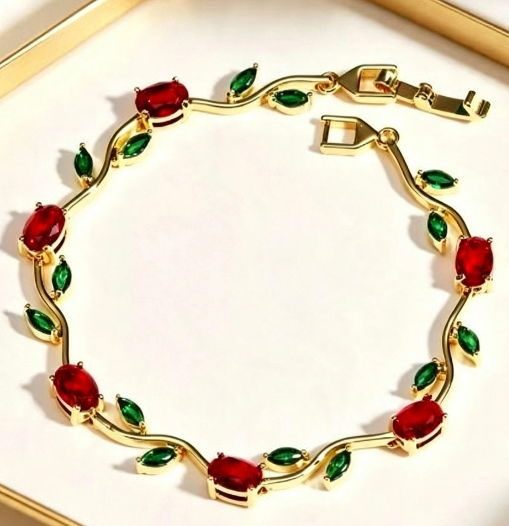 Bracciale placcato oro con foglie e zirconi, cristalli ovali multicolor