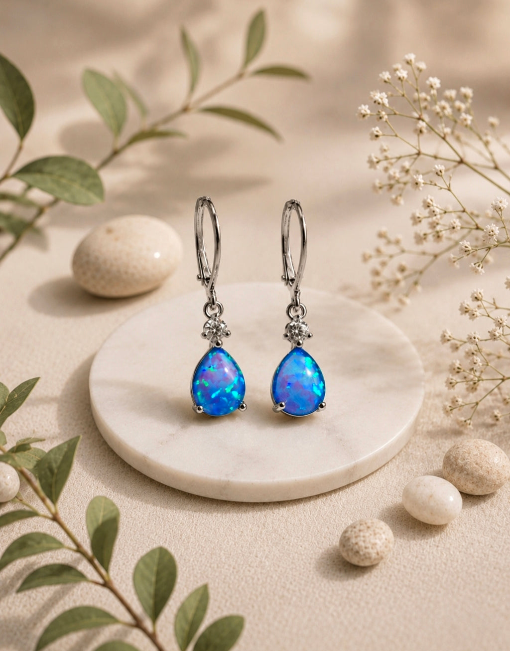 Ohrringe Tropfenform mit Opal und Zirkonia Silberstift Versilbert