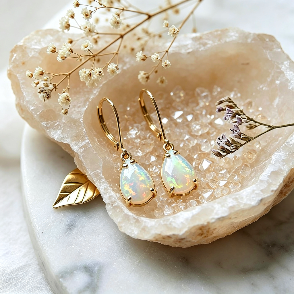 Ohrringe Tropfenform mit Opal und Zirkonia Silberstift Versilbert