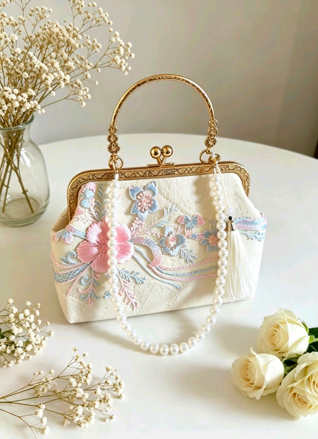 Bestickte Abendclutch im orientalischen Stil mit Perlen und Quasten