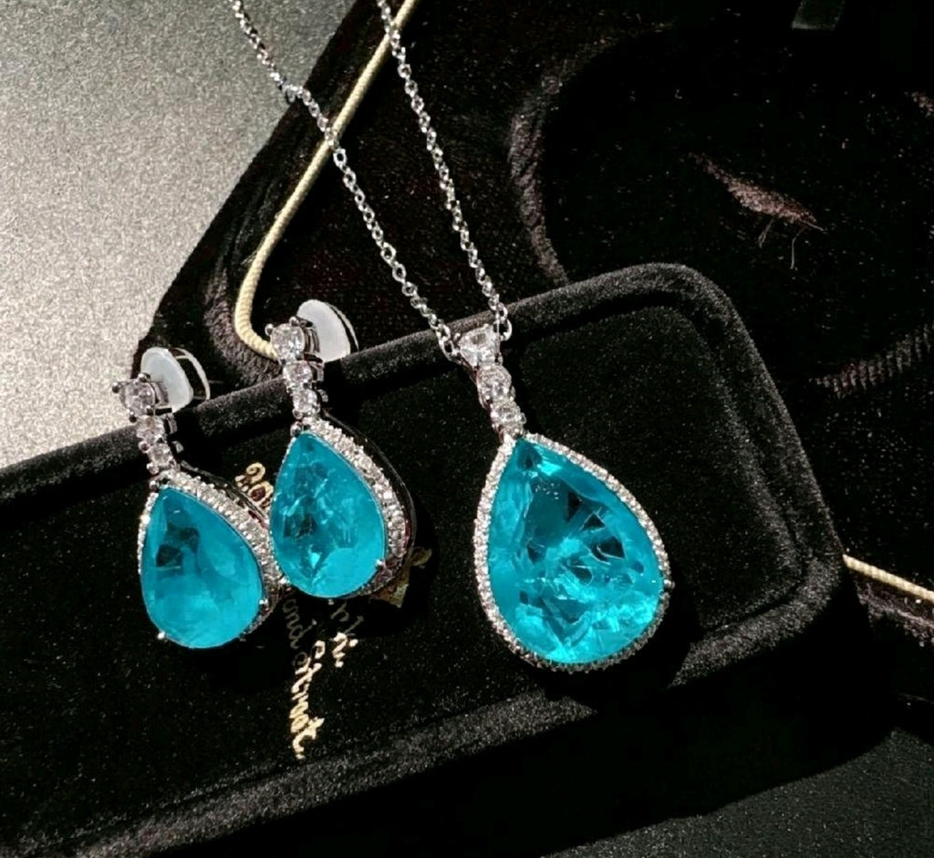 Set di collana e orecchini con zirconi stile Paraiba blu neon, placcato argento
