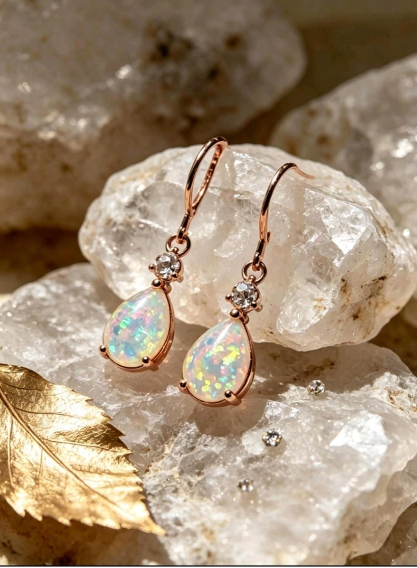 Ohrringe Tropfenform mit Opal und Zirkonia Silberstift Versilbert